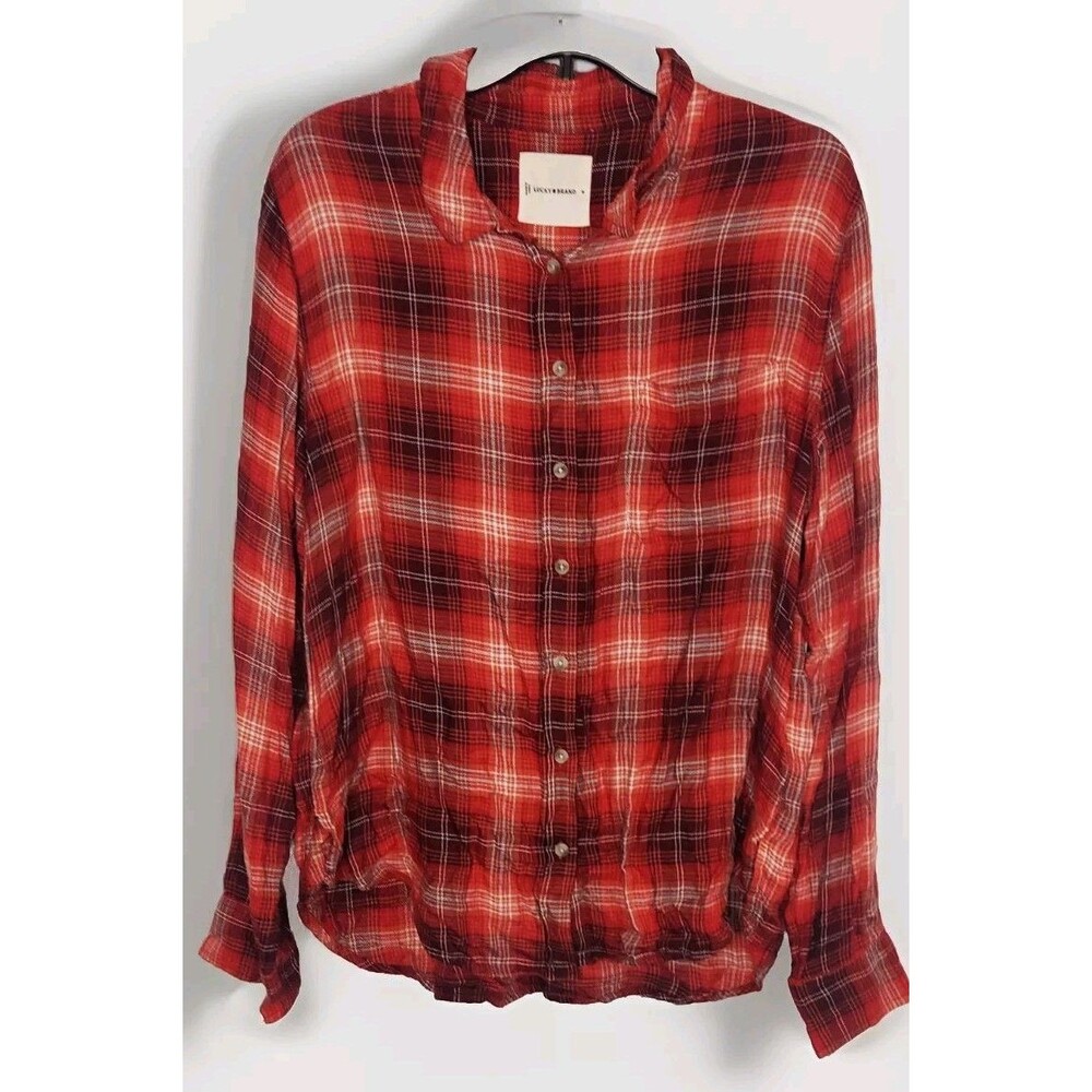 Lucky Brand Womens Flannel Shirt Medium Red Plaid Pocket Long Sleeve Casual Top